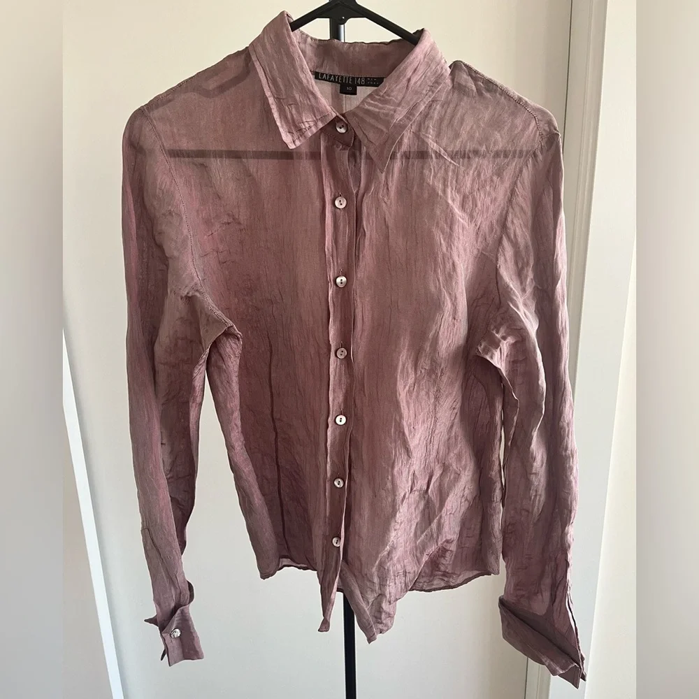 Lafayette New York 148 Silk Blend Button Down Shirt Mauve Purple Sheer Sz 10 - Picture 1 of 8